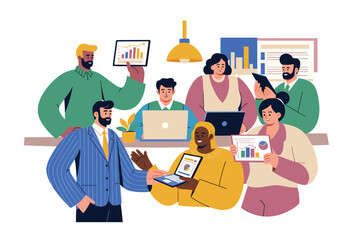Diverse business team collaborating at office desk with laptops and documents, teamwork concept in modern flat illustration.