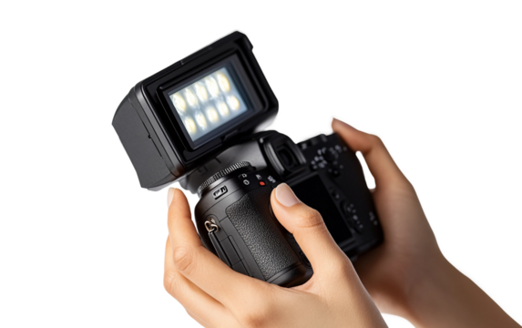 Photographer adjusting external flash unit on camera for perfect lighting balance during professional photo shoot isolated on white background PNG - Powered by Adobe