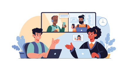 Diverse remote team video conferencing from home, using laptops and headsets, representing online communication, teamwork, and collaboration.