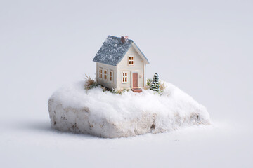Dreamy winter cottage nestled on a snowy hill, a charming miniature home evoking cozy holiday feelings and the magic of Christmas season