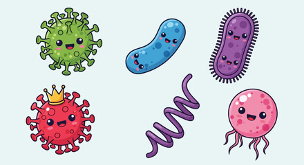 Cartoon illustration of various microbes, including viruses and bacteria, with cute facial expressions on a light blue background.