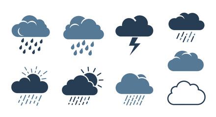 A collection of various weather icons depicting different atmospheric conditions like rain, thunderstorms, and partly cloudy skies.