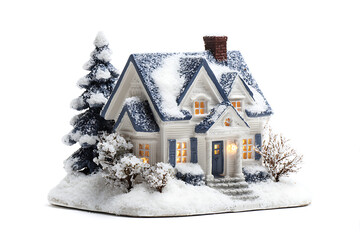 Charming miniature snow covered house shines warmly, evoking the joy of Christmas and winter holidays, perfect for festive designs and cozy seasonal promotions