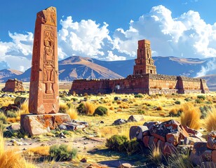 Ancient eroded stone ruins stand against a backdrop of rolling hills and blue, cloudy skies