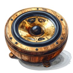 Unique Wooden Speaker Design with Golden Accents and Shadow.