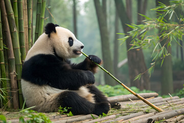 Obraz premium Giant Panda Eating Bamboo in Lush Green Forest Habitat | Wildlife Photography