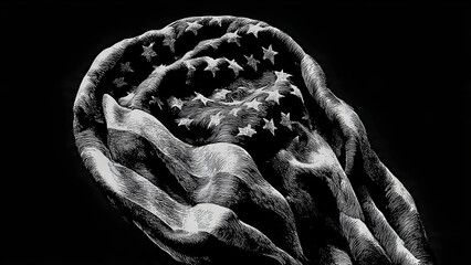 depicted with a prominent black and white illustration of the American flag