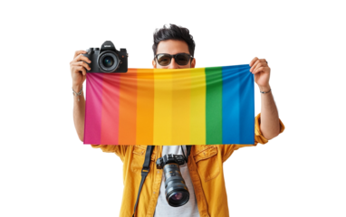 Person raising a vibrant rainbow themed World Photography Day sign honoring photographers and visual storytelling isolated on white background PNG