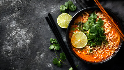 A spicy ramen noodles in a rich orange broth, topped with fresh cilantro and lime slices. Set on a textured blue background with chopsticks placed nearby, the image creates a striking contrast