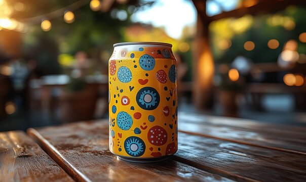 Close up shot of a patterned soda can sitting on a wooden table - Powered by Adobe