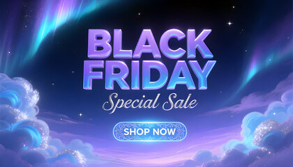 Enchanting Black Friday Special Sale with Aurora Borealis Sky and Dreamy Clouds Advertising a Shopping Opportunity
