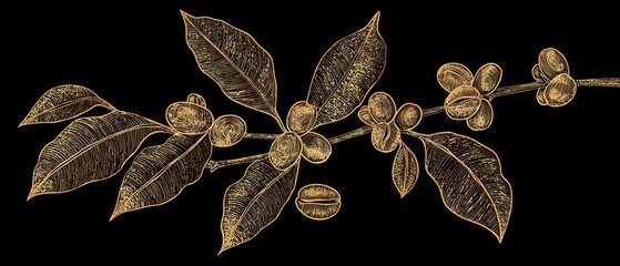 Elegant Golden Coffee Branch Illustration on Black Background, Detailed Engraving Style