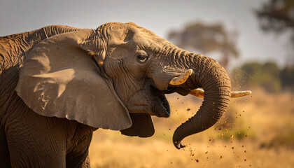 The elephant was sprinkling its body with dust