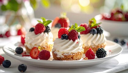 Assorted Mini Cream Tarts Topped With Fresh Mixed Berries And Mint Sprigs On A White Plate In Soft Daylight