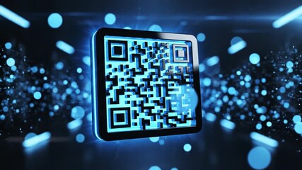 Futuristic digital QR code glowing in blue light, surrounded by abstract particles, showcasing technology and connectivity in high tech atmosphere for modern communication - Powered by Adobe