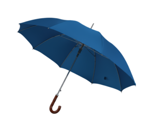 Tilted Blue Umbrella Open — Dynamic Perspective on Transparent Background.
