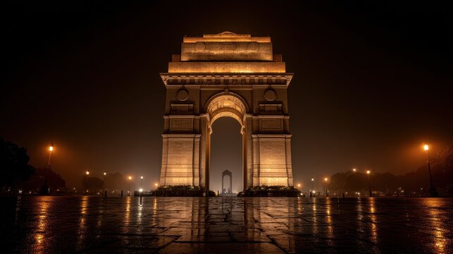 Golden Illumination of India Gate on a Foggy Night with Wet Pavement Reflections