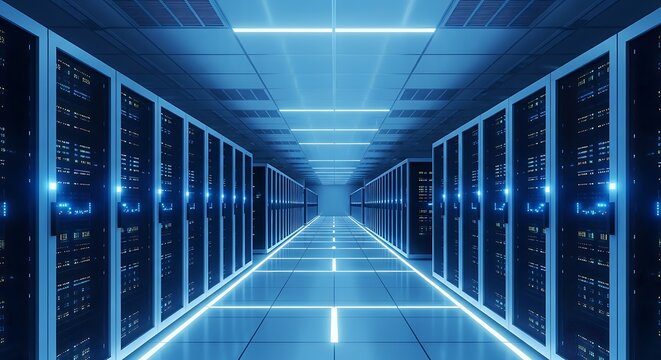 Digital Data Fortress: A futuristic data center bathed in cool blue light, where rows of servers stretch into the distance, a symbol of modern information storage and processing. 