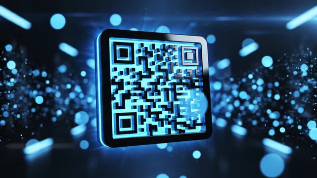 Futuristic digital QR code glowing in blue light, surrounded by abstract particles, showcasing technology and connectivity in high tech atmosphere for modern communication - Powered by Adobe
