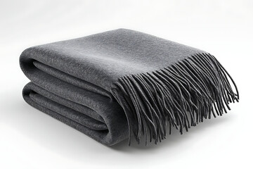 Luxurious folded gray throw blanket with stylish fringe detail, perfect for cozy nights, adding texture, and enhancing home decor with modern elegance