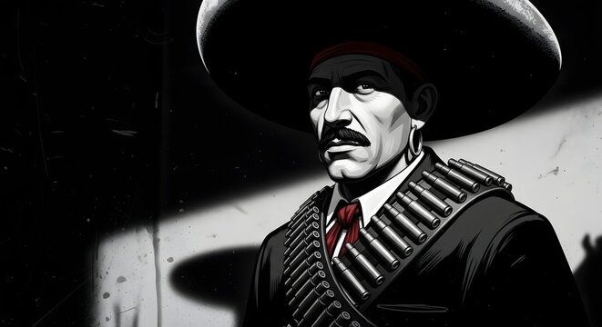 Dramatic black and white portrait of a stern man in a large sombrero, suit, and bullet bandolier, with a red tie and hat band, in a graphic novel style.