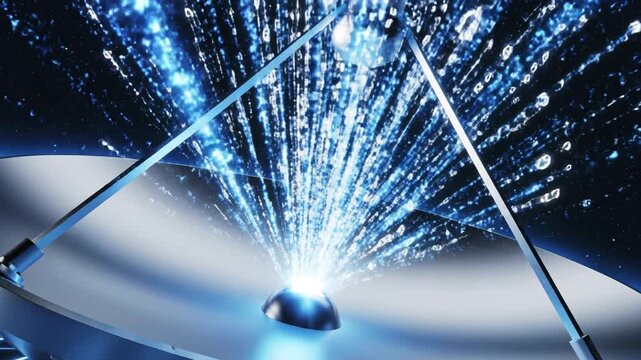 Futuristic design showcases glowing triangular structure radiating vibrant blue light and dynamic energy, surrounded by sparkling particles in cosmic environment of advanced technology