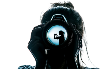 Creative double exposure effect revealing a photographer silhouette captured in the lens of a camera isolated on white background PNG