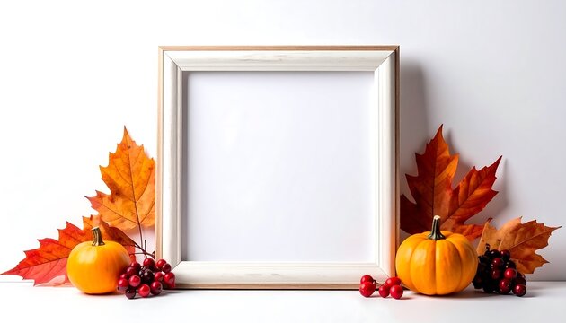 Autumnal Frame Mockup with Pumpkins and Leaves for Thanksgiving.