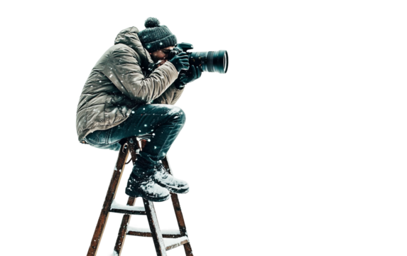 Professional photographer elevated on ladder using camera for overhead photography perspective and artistic framing isolated on white background PNG