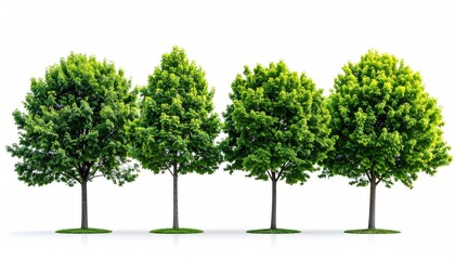 Obraz premium Row of Four Lush Green Leafy Trees Standing in a Line Against a Bright White Background with Subtle Shadows