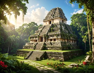 Ancient pyramid in jungle clearing; stone steps lead up to tiered structure