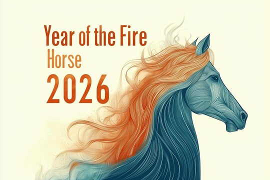 Illustration of a horse with elegant typography &ldquo;Year of the Fire Horse 2026,&rdquo; symbolic festive design.