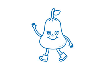 Cute blue pear cartoon character waves while walking with a bright smile