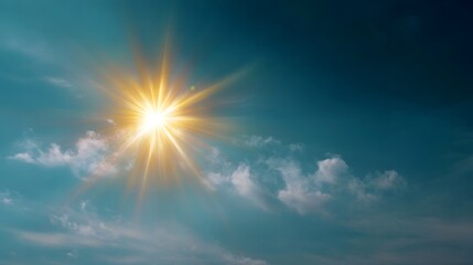 A bright radiant sun shines with luminous rays against a clear blue sky dotted with fluffy clouds conveying warmth and natural beauty