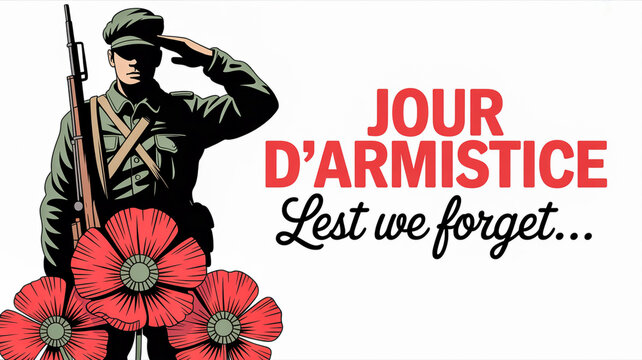 Remembrance day soldier saluting with poppies and text "jour d'armistice lest we forget" - Powered by Adobe
