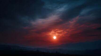 Fototapeta premium Vivid red and orange sunset clouds illuminate a dramatic sky above dark mountain silhouettes with scattered stars visible