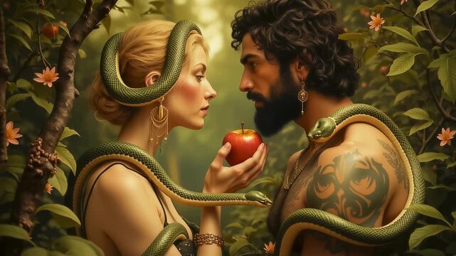 The beautiful Eve, entwined with a serpent, offers Adam an apple in Eden