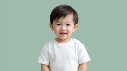 Portrait of cute asian toddler boy smiling wearing white shirt studio shot