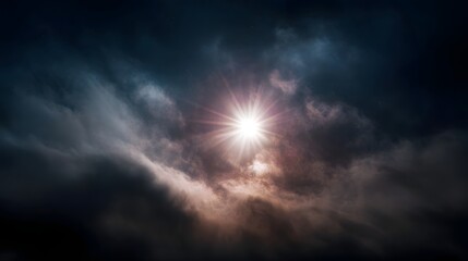 Obraz premium A bright radiant sunburst piercing dramatic dark clouds during twilight
