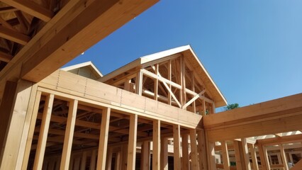 Obraz premium Modern wooden construction showcasing framed architecture against a clear blue sky.