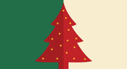 Minimalist Graphic Christmas Tree with Stars on a Split Green Cream Background