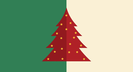 Flat Design Christmas Tree with Star Decoration on Green and Beige Background Illustration