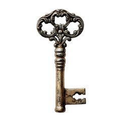 Antique key isolated on transparent background, a vintage and ornate design