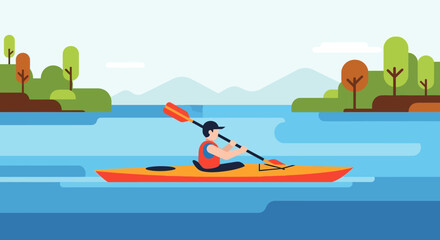Flat Style Kayaking Adventure on a Lake with Mountain Landscape