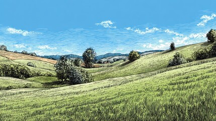 Hand-Drawn Landscape: Rolling Hills, Trees, and Blue Sky, Engraving Style.