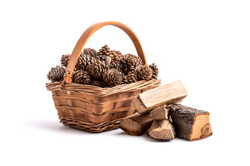 Inviting wicker basket overflowing with pinecones next to rustic firewood, evokes cozy autumn warmth and nature's beauty, perfect for seasonal designs