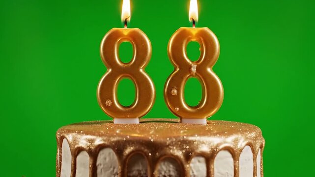 Celebrate a Golden Milestone with an Elegant 88th Birthday Cake and Glowing Candles on a Green Screen Backdrop