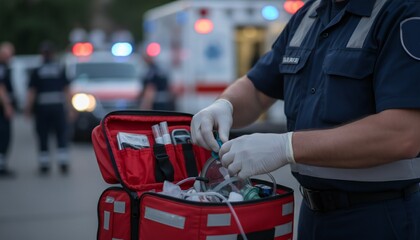 Photograph of a paramedic preparing equipment from a medical bag with an ambulance in the background.