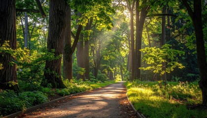 Naklejka premium Sunlight Filters Through Trees Illuminating A Forest Path With Lush Greenery And Dust Motes Dancing In The Air