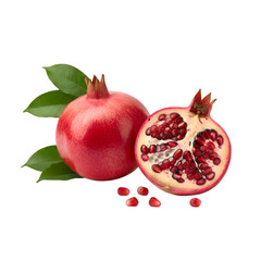 Fresh Pomegranates with Leaves and Seeds  on white background